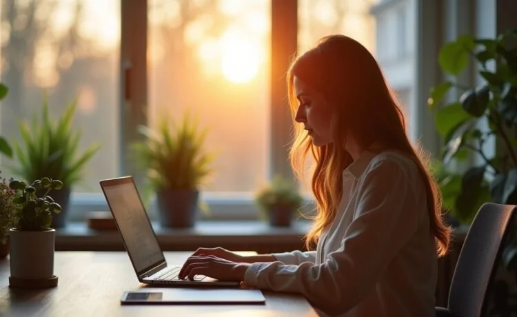 Ein warm beleuchtetes, freundliches Büroambiente mit einer entspannten Person, die am Laptop konzentriert eine E-Mail schreibt, umgeben von moderner Technik, natürlichem Tageslicht und dezenten Pflanzen – ein Sinnbild für digitale Kommunikation und Datenschutz im Alltag.