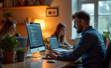 Ein warmes, natürlich beleuchtetes Büro mit einem fokussierten Entwicklerteam, das in heller, freundlicher Atmosphäre an modernen Computern gemeinsam an Code arbeitet und dabei die neueste Eclipse IDE mit Java 25, TypeScript 5.9 und PHP 8.5 nutzt, um innovativ und produktiv die Zukunft der Softwareentwicklung zu gestalten.