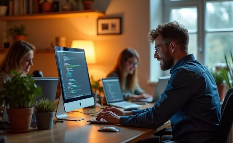 Ein warmes, natürlich beleuchtetes Büro mit einem fokussierten Entwicklerteam, das in heller, freundlicher Atmosphäre an modernen Computern gemeinsam an Code arbeitet und dabei die neueste Eclipse IDE mit Java 25, TypeScript 5.9 und PHP 8.5 nutzt, um innovativ und produktiv die Zukunft der Softwareentwicklung zu gestalten.