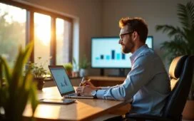 Ein warm ausgeleuchtetes, modernes Büro mit natürlichem Tageslicht, in dem ein konzentrierter Finanzexperte mit Laptop und Notizblock an einem hellen Holztisch sitzt, umgeben von Bildschirmen mit klar strukturierten Finanzdiagrammen und beruhigenden Grüntönen, die eine freundliche, produktive Atmosphäre für smarte, KI-gestützte Investmentrecherche vermitteln.