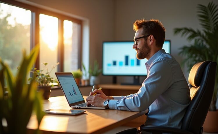 Ein warm ausgeleuchtetes, modernes Büro mit natürlichem Tageslicht, in dem ein konzentrierter Finanzexperte mit Laptop und Notizblock an einem hellen Holztisch sitzt, umgeben von Bildschirmen mit klar strukturierten Finanzdiagrammen und beruhigenden Grüntönen, die eine freundliche, produktive Atmosphäre für smarte, KI-gestützte Investmentrecherche vermitteln.