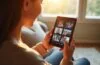Ein warmes, sonnendurchflutetes Wohnzimmer mit einer entspannten Person, die lächelnd ihr iPhone in der Hand hält, während im Hintergrund auf einem dezenten Tablet-Bildschirm übersichtlich geordnete Fotogalerien und App-Icons zu sehen sind – ein lebendiger Moment digitaler Ordnung und moderner Technik, eingefangen in natürlichem Licht und mit einem einladenden, freundlichen Ambiente.