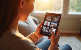 Ein warmes, sonnendurchflutetes Wohnzimmer mit einer entspannten Person, die lächelnd ihr iPhone in der Hand hält, während im Hintergrund auf einem dezenten Tablet-Bildschirm übersichtlich geordnete Fotogalerien und App-Icons zu sehen sind – ein lebendiger Moment digitaler Ordnung und moderner Technik, eingefangen in natürlichem Licht und mit einem einladenden, freundlichen Ambiente.