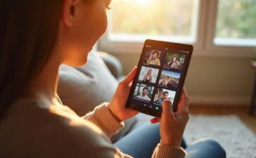 Ein warmes, sonnendurchflutetes Wohnzimmer mit einer entspannten Person, die lächelnd ihr iPhone in der Hand hält, während im Hintergrund auf einem dezenten Tablet-Bildschirm übersichtlich geordnete Fotogalerien und App-Icons zu sehen sind – ein lebendiger Moment digitaler Ordnung und moderner Technik, eingefangen in natürlichem Licht und mit einem einladenden, freundlichen Ambiente.