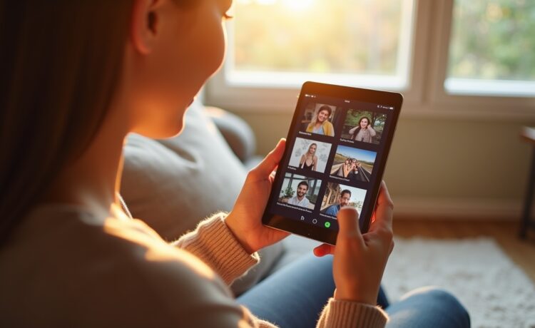 Ein warmes, sonnendurchflutetes Wohnzimmer mit einer entspannten Person, die lächelnd ihr iPhone in der Hand hält, während im Hintergrund auf einem dezenten Tablet-Bildschirm übersichtlich geordnete Fotogalerien und App-Icons zu sehen sind – ein lebendiger Moment digitaler Ordnung und moderner Technik, eingefangen in natürlichem Licht und mit einem einladenden, freundlichen Ambiente.