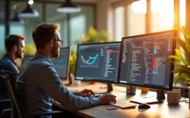 Ein helles, natürlich beleuchtetes Büro mit fokussierten IT-Profis vor großen Bildschirmen, die konzentriert an Serverarchitekturen arbeiten, während warme Sonnenstrahlen durch das Fenster fallen und eine freundliche, produktive Atmosphäre schaffen.