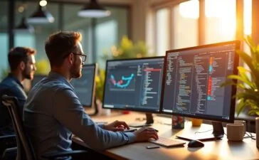 Ein helles, natürlich beleuchtetes Büro mit fokussierten IT-Profis vor großen Bildschirmen, die konzentriert an Serverarchitekturen arbeiten, während warme Sonnenstrahlen durch das Fenster fallen und eine freundliche, produktive Atmosphäre schaffen.