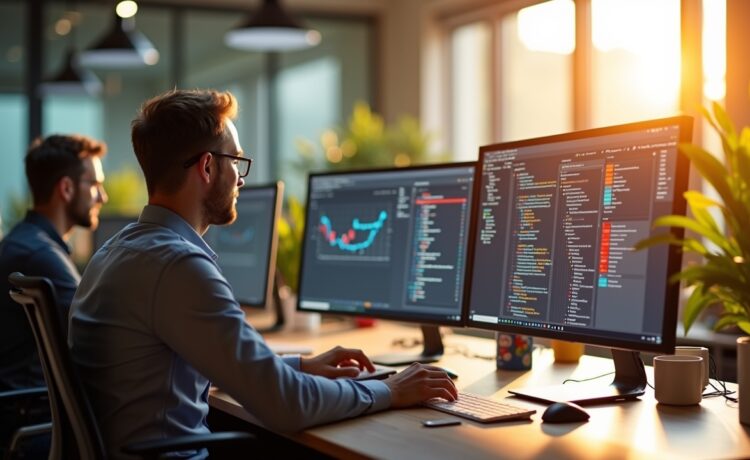 Ein helles, natürlich beleuchtetes Büro mit fokussierten IT-Profis vor großen Bildschirmen, die konzentriert an Serverarchitekturen arbeiten, während warme Sonnenstrahlen durch das Fenster fallen und eine freundliche, produktive Atmosphäre schaffen.