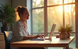 Ein hell erleuchteter, moderner Arbeitsplatz mit natürlichem Tageslicht, an dem eine entspannte Person konzentriert und lächelnd nur mit einer ergonomischen Tastatur arbeitet, umgeben von minimalistischem Design und warmen Holzakzenten, die eine freundliche Atmosphäre und digitale Effizienz ohne Maus ausstrahlen.