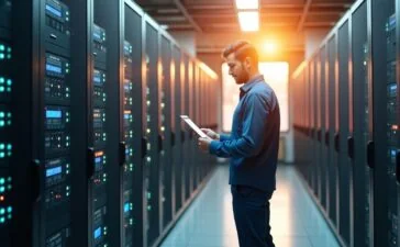 Ein modernes, lichtdurchflutetes Rechenzentrum mit hochprofessionell arbeitenden Technikern, deren konzentrierte Blicke auf energieeffizient laufende Server und digitale Dashboards fallen, während warme Sonnenstrahlen durch große Fenster die technische Präzision und den nachhaltigen Fortschritt in einem freundlichen, zukunftsorientierten Arbeitsumfeld betonen.