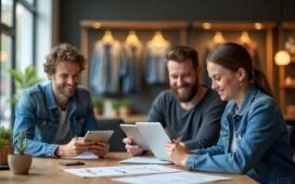 Ein heller, freundlicher Büroarbeitsplatz mit einem modernen Team, das entspannt an Tablet- und Laptopbildschirmen arbeitet, umgeben von warmem Tageslicht, dabei skizziert eine Designerin in Denim-Jacke innovative Entwürfe, während im Hintergrund stilvolle Regale mit Jeansstoffen und Technologieelementen die Verbindung von traditioneller Mode und digitaler Transformation bei Levi's visualisieren.