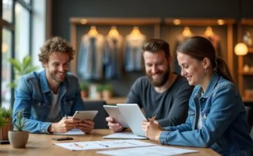 Ein heller, freundlicher Büroarbeitsplatz mit einem modernen Team, das entspannt an Tablet- und Laptopbildschirmen arbeitet, umgeben von warmem Tageslicht, dabei skizziert eine Designerin in Denim-Jacke innovative Entwürfe, während im Hintergrund stilvolle Regale mit Jeansstoffen und Technologieelementen die Verbindung von traditioneller Mode und digitaler Transformation bei Levi's visualisieren.