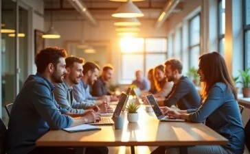 Ein sonnendurchflutetes, modernes Büro mit konzentriert lächelnden Webentwicklern, die mit Laptop und Notizblock an einem hellen Holztisch sitzen, lebhaft diskutieren und dabei mithilfe von Tablets und Bildschirmgrafiken datengetriebene Performance-Analysen ihrer Website in entspannter, kollegialer Atmosphäre durchführen.