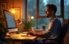 Ein warm beleuchtetes, modernes Büro mit einem fokussierten Profi, der entspannt vor einem hellen Bildschirm sitzt und nahtlos mit digitalen Tools arbeitet, während natürliches Licht den kreativen Workflow und die Effizienzsteigerung durch smarte KI-Lösungen lebendig einfängt.