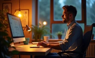 Ein warm beleuchtetes, modernes Büro mit einem fokussierten Profi, der entspannt vor einem hellen Bildschirm sitzt und nahtlos mit digitalen Tools arbeitet, während natürliches Licht den kreativen Workflow und die Effizienzsteigerung durch smarte KI-Lösungen lebendig einfängt.