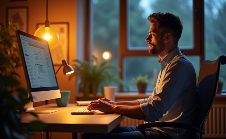 Ein warm beleuchtetes, modernes Büro mit einem fokussierten Profi, der entspannt vor einem hellen Bildschirm sitzt und nahtlos mit digitalen Tools arbeitet, während natürliches Licht den kreativen Workflow und die Effizienzsteigerung durch smarte KI-Lösungen lebendig einfängt.