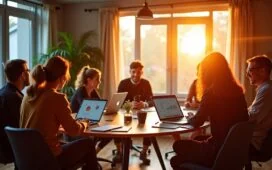 Ein warm erleuchteter, lebendig gestalteter Meetingraum, in dem ein diverses Team aus Webentwicklern und Designern in lockerer Runde mit Laptops und Skizzen kommuniziert, während natürliches Tageslicht sanft durch große Fenster strömt und die harmonische Verbindung von Mensch, Technik und Zusammenarbeit in modernen soziotechnischen Systemen spürbar wird.