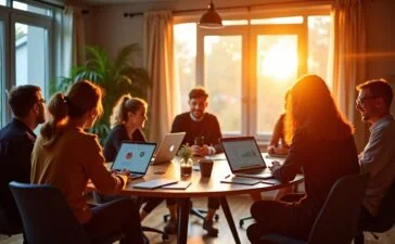 Ein warm erleuchteter, lebendig gestalteter Meetingraum, in dem ein diverses Team aus Webentwicklern und Designern in lockerer Runde mit Laptops und Skizzen kommuniziert, während natürliches Tageslicht sanft durch große Fenster strömt und die harmonische Verbindung von Mensch, Technik und Zusammenarbeit in modernen soziotechnischen Systemen spürbar wird.