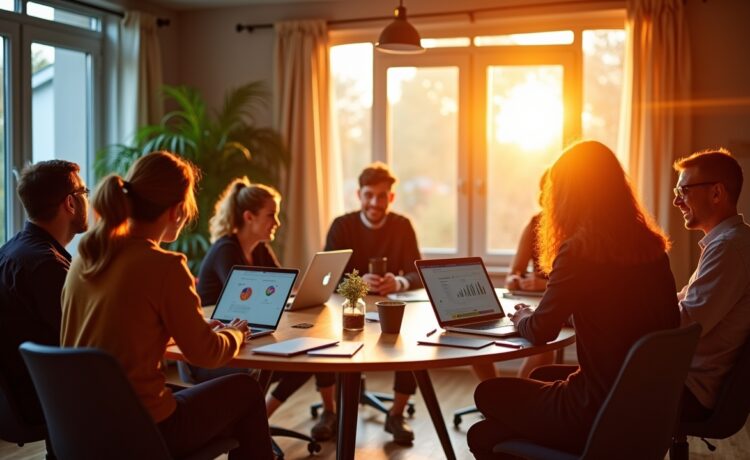 Ein warm erleuchteter, lebendig gestalteter Meetingraum, in dem ein diverses Team aus Webentwicklern und Designern in lockerer Runde mit Laptops und Skizzen kommuniziert, während natürliches Tageslicht sanft durch große Fenster strömt und die harmonische Verbindung von Mensch, Technik und Zusammenarbeit in modernen soziotechnischen Systemen spürbar wird.