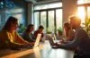 Ein sonnendurchflutetes, modernes Büro mit einem lächelnden Team unterschiedlicher Fachleute, die konzentriert an vernetzten Laptops arbeiten, umgeben von großen Fenstern, Pflanzen und digitalen Grafiken im Hintergrund, die die Zukunft von KI und digitaler Souveränität in der Cloud symbolisieren – eine warme, einladende Atmosphäre voller Innovationsgeist und aufgeschlossener Zusammenarbeit.
