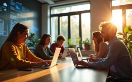 Ein sonnendurchflutetes, modernes Büro mit einem lächelnden Team unterschiedlicher Fachleute, die konzentriert an vernetzten Laptops arbeiten, umgeben von großen Fenstern, Pflanzen und digitalen Grafiken im Hintergrund, die die Zukunft von KI und digitaler Souveränität in der Cloud symbolisieren – eine warme, einladende Atmosphäre voller Innovationsgeist und aufgeschlossener Zusammenarbeit.