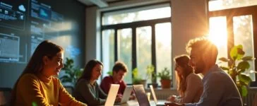 Ein sonnendurchflutetes, modernes Büro mit einem lächelnden Team unterschiedlicher Fachleute, die konzentriert an vernetzten Laptops arbeiten, umgeben von großen Fenstern, Pflanzen und digitalen Grafiken im Hintergrund, die die Zukunft von KI und digitaler Souveränität in der Cloud symbolisieren – eine warme, einladende Atmosphäre voller Innovationsgeist und aufgeschlossener Zusammenarbeit.