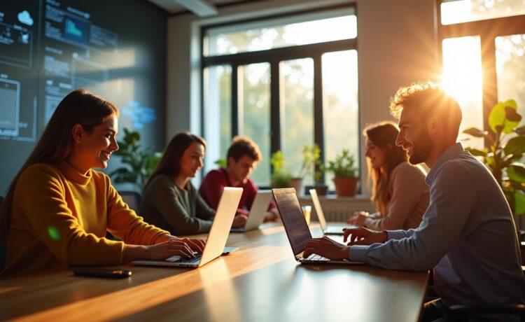 Ein sonnendurchflutetes, modernes Büro mit einem lächelnden Team unterschiedlicher Fachleute, die konzentriert an vernetzten Laptops arbeiten, umgeben von großen Fenstern, Pflanzen und digitalen Grafiken im Hintergrund, die die Zukunft von KI und digitaler Souveränität in der Cloud symbolisieren – eine warme, einladende Atmosphäre voller Innovationsgeist und aufgeschlossener Zusammenarbeit.