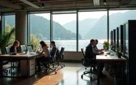 Ein heller, einladender Laborraum am Zürichsee, in dem konzentrierte Forschende in moderner Kleidung mit High-Tech-Quantencomputing-Geräten arbeiten, durchflutet von warmem Tageslicht und umgeben von großen Fenstern mit Blick auf die idyllische Schweizer Landschaft.