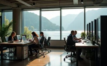 Ein heller, einladender Laborraum am Zürichsee, in dem konzentrierte Forschende in moderner Kleidung mit High-Tech-Quantencomputing-Geräten arbeiten, durchflutet von warmem Tageslicht und umgeben von großen Fenstern mit Blick auf die idyllische Schweizer Landschaft.