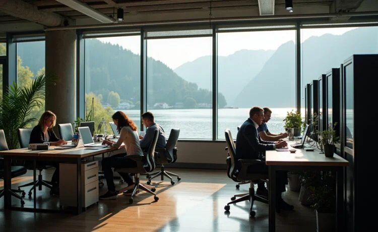 Ein heller, einladender Laborraum am Zürichsee, in dem konzentrierte Forschende in moderner Kleidung mit High-Tech-Quantencomputing-Geräten arbeiten, durchflutet von warmem Tageslicht und umgeben von großen Fenstern mit Blick auf die idyllische Schweizer Landschaft.