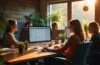 Ein heller, natürlich beleuchteter Arbeitsbereich mit entspannt lächelnden Entwickler:innen vor modernen Bildschirmen, die gemeinsam an einem übersichtlichen Ruby-Codeprojekt arbeiten, umgeben von warmen Holztönen und Pflanzen, die eine einladende Atmosphäre voller Kreativität und Fortschritt in der Webentwicklung ausstrahlt.