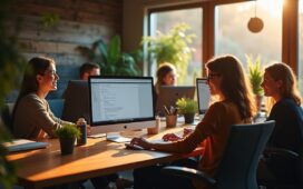 Ein heller, natürlich beleuchteter Arbeitsbereich mit entspannt lächelnden Entwickler:innen vor modernen Bildschirmen, die gemeinsam an einem übersichtlichen Ruby-Codeprojekt arbeiten, umgeben von warmen Holztönen und Pflanzen, die eine einladende Atmosphäre voller Kreativität und Fortschritt in der Webentwicklung ausstrahlt.