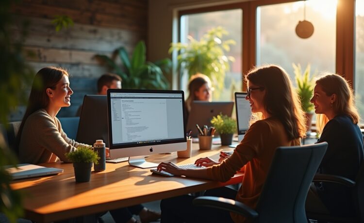 Ein heller, natürlich beleuchteter Arbeitsbereich mit entspannt lächelnden Entwickler:innen vor modernen Bildschirmen, die gemeinsam an einem übersichtlichen Ruby-Codeprojekt arbeiten, umgeben von warmen Holztönen und Pflanzen, die eine einladende Atmosphäre voller Kreativität und Fortschritt in der Webentwicklung ausstrahlt.