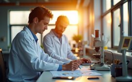 Ein strahlend helles, natürlich beleuchtetes Labor mit neugierigen Forschenden in moderner Kleidung, die konzentriert an präzisen Messinstrumenten arbeiten, während warme Sonnenstrahlen durch große Fenster fallen und eine einladende Atmosphäre des Aufbruchs und der Innovation schaffen.