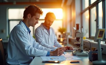 Ein strahlend helles, natürlich beleuchtetes Labor mit neugierigen Forschenden in moderner Kleidung, die konzentriert an präzisen Messinstrumenten arbeiten, während warme Sonnenstrahlen durch große Fenster fallen und eine einladende Atmosphäre des Aufbruchs und der Innovation schaffen.