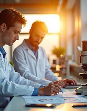 Ein strahlend helles, natürlich beleuchtetes Labor mit neugierigen Forschenden in moderner Kleidung, die konzentriert an präzisen Messinstrumenten arbeiten, während warme Sonnenstrahlen durch große Fenster fallen und eine einladende Atmosphäre des Aufbruchs und der Innovation schaffen.
