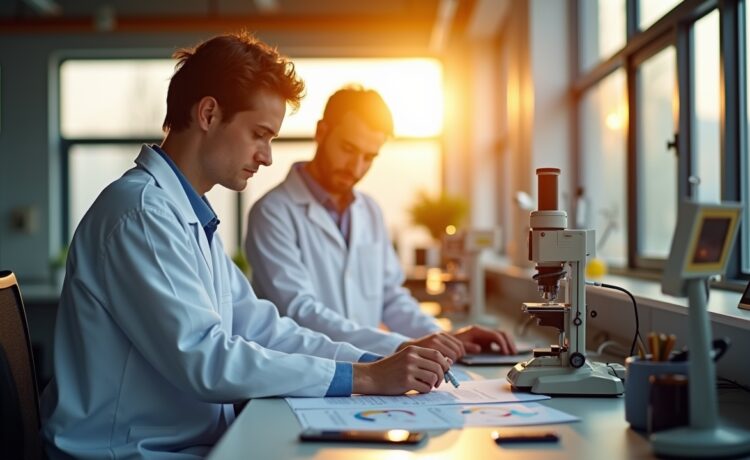 Ein strahlend helles, natürlich beleuchtetes Labor mit neugierigen Forschenden in moderner Kleidung, die konzentriert an präzisen Messinstrumenten arbeiten, während warme Sonnenstrahlen durch große Fenster fallen und eine einladende Atmosphäre des Aufbruchs und der Innovation schaffen.