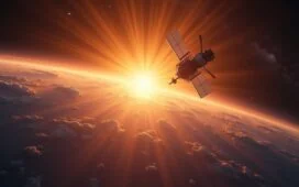 Ein strahlend heller, natürlicher Sonnenaufgang über einer satellitengestützten Erdbeobachtungsstation, deren Antennen sanft im warmen Licht glühen, während im Hintergrund klare Himmel und ein Hauch von Weltraumtechnologie die Dringlichkeit globaler Sicherheit symbolisieren.