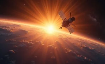 Ein strahlend heller, natürlicher Sonnenaufgang über einer satellitengestützten Erdbeobachtungsstation, deren Antennen sanft im warmen Licht glühen, während im Hintergrund klare Himmel und ein Hauch von Weltraumtechnologie die Dringlichkeit globaler Sicherheit symbolisieren.