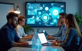 Ein lichtdurchflutetes, modernes Büro mit konzentrierten IT-Profis unterschiedlichen Alters und Geschlechts bei lebhafter Teamarbeit an Laptops und digitalen Whiteboards, die in freundlicher Atmosphäre neue Innovationen diskutieren und so den Aufbruch und die Herausforderungen der Tech-Branche einfühlsam widerspiegeln.