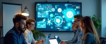 Ein lichtdurchflutetes, modernes Büro mit konzentrierten IT-Profis unterschiedlichen Alters und Geschlechts bei lebhafter Teamarbeit an Laptops und digitalen Whiteboards, die in freundlicher Atmosphäre neue Innovationen diskutieren und so den Aufbruch und die Herausforderungen der Tech-Branche einfühlsam widerspiegeln.