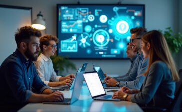 Ein lichtdurchflutetes, modernes Büro mit konzentrierten IT-Profis unterschiedlichen Alters und Geschlechts bei lebhafter Teamarbeit an Laptops und digitalen Whiteboards, die in freundlicher Atmosphäre neue Innovationen diskutieren und so den Aufbruch und die Herausforderungen der Tech-Branche einfühlsam widerspiegeln.