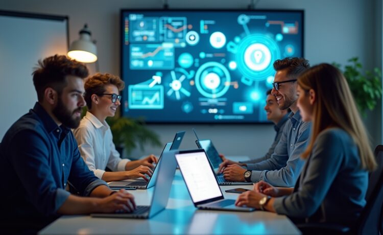 Ein lichtdurchflutetes, modernes Büro mit konzentrierten IT-Profis unterschiedlichen Alters und Geschlechts bei lebhafter Teamarbeit an Laptops und digitalen Whiteboards, die in freundlicher Atmosphäre neue Innovationen diskutieren und so den Aufbruch und die Herausforderungen der Tech-Branche einfühlsam widerspiegeln.