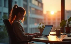 In einem hell erleuchteten, modernen Büro sitzt eine entspannte Person am Laptop, umgeben von warmem Tageslicht und einer dezenten Aura von Konzentration und Vertrauen, während im Hintergrund unscharf technische Geräte und ein geöffnetes E-Mail-Postfach auf dem Bildschirm die Themen E-Mail-Sicherheit und Digitalisierung lebendig widerspiegeln.