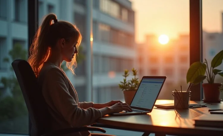 In einem hell erleuchteten, modernen Büro sitzt eine entspannte Person am Laptop, umgeben von warmem Tageslicht und einer dezenten Aura von Konzentration und Vertrauen, während im Hintergrund unscharf technische Geräte und ein geöffnetes E-Mail-Postfach auf dem Bildschirm die Themen E-Mail-Sicherheit und Digitalisierung lebendig widerspiegeln.