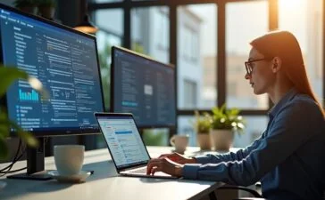 Ein modernes, sonnendurchflutetes Büro mit jungen, engagierten Forschern unterschiedlicher Herkunft, die lebhaft an einem fortschrittlichen KI-Projekt arbeiten, umgeben von hochauflösenden Bildschirmen und eleganter Hightech-Ausstattung, die eine hoffnungsvolle europäische Zukunft in der digitalen Souveränität symbolisiert.