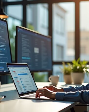 Ein modernes, sonnendurchflutetes Büro mit jungen, engagierten Forschern unterschiedlicher Herkunft, die lebhaft an einem fortschrittlichen KI-Projekt arbeiten, umgeben von hochauflösenden Bildschirmen und eleganter Hightech-Ausstattung, die eine hoffnungsvolle europäische Zukunft in der digitalen Souveränität symbolisiert.