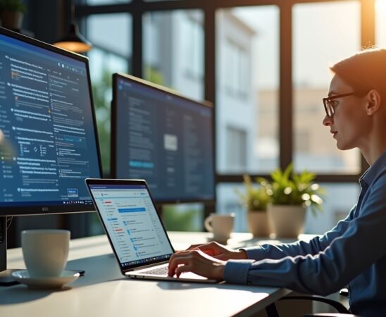 Ein modernes, sonnendurchflutetes Büro mit jungen, engagierten Forschern unterschiedlicher Herkunft, die lebhaft an einem fortschrittlichen KI-Projekt arbeiten, umgeben von hochauflösenden Bildschirmen und eleganter Hightech-Ausstattung, die eine hoffnungsvolle europäische Zukunft in der digitalen Souveränität symbolisiert.