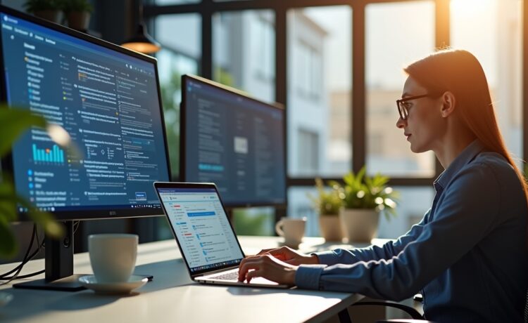 Ein modernes, sonnendurchflutetes Büro mit jungen, engagierten Forschern unterschiedlicher Herkunft, die lebhaft an einem fortschrittlichen KI-Projekt arbeiten, umgeben von hochauflösenden Bildschirmen und eleganter Hightech-Ausstattung, die eine hoffnungsvolle europäische Zukunft in der digitalen Souveränität symbolisiert.