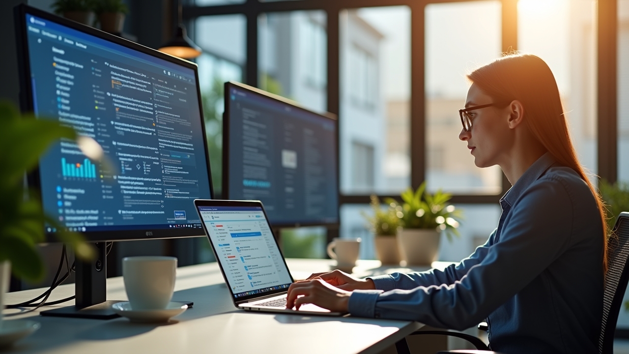 Ein modernes, sonnendurchflutetes Büro mit jungen, engagierten Forschern unterschiedlicher Herkunft, die lebhaft an einem fortschrittlichen KI-Projekt arbeiten, umgeben von hochauflösenden Bildschirmen und eleganter Hightech-Ausstattung, die eine hoffnungsvolle europäische Zukunft in der digitalen Souveränität symbolisiert.